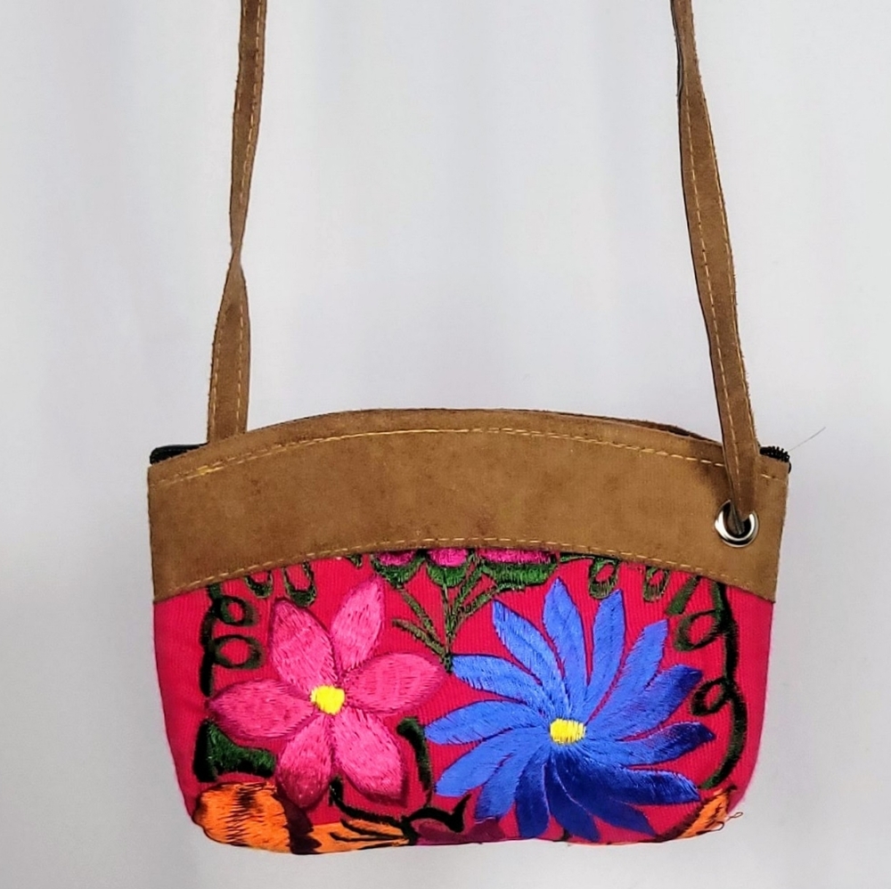 Embroidered Floral Crossbody Bag Boho Pink Small Shoulder Purse Artisan Style - Picture 8 of 8